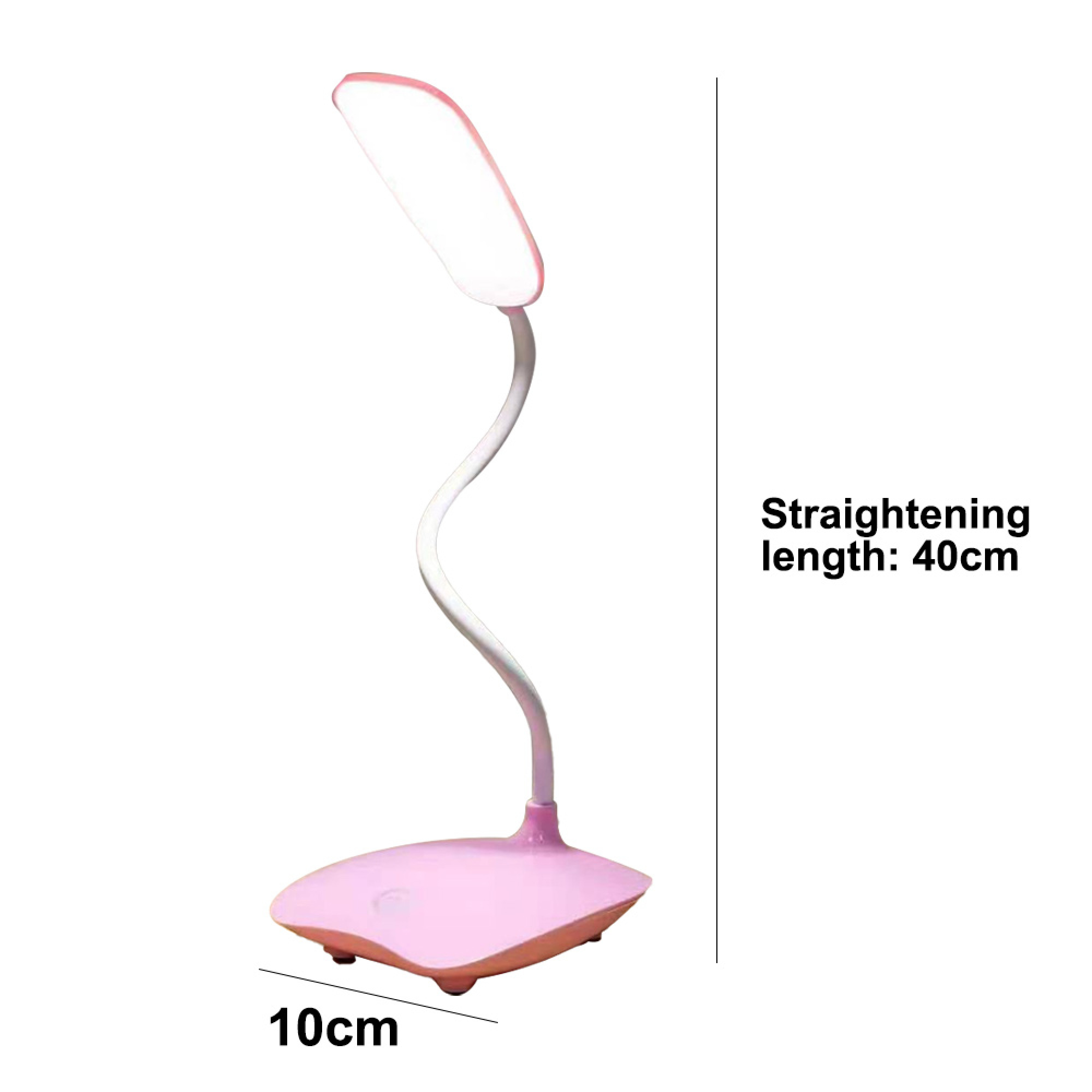 Eine rosafarbene Schreibtischlampe mit einem flexiblen Hals und weißem Licht.