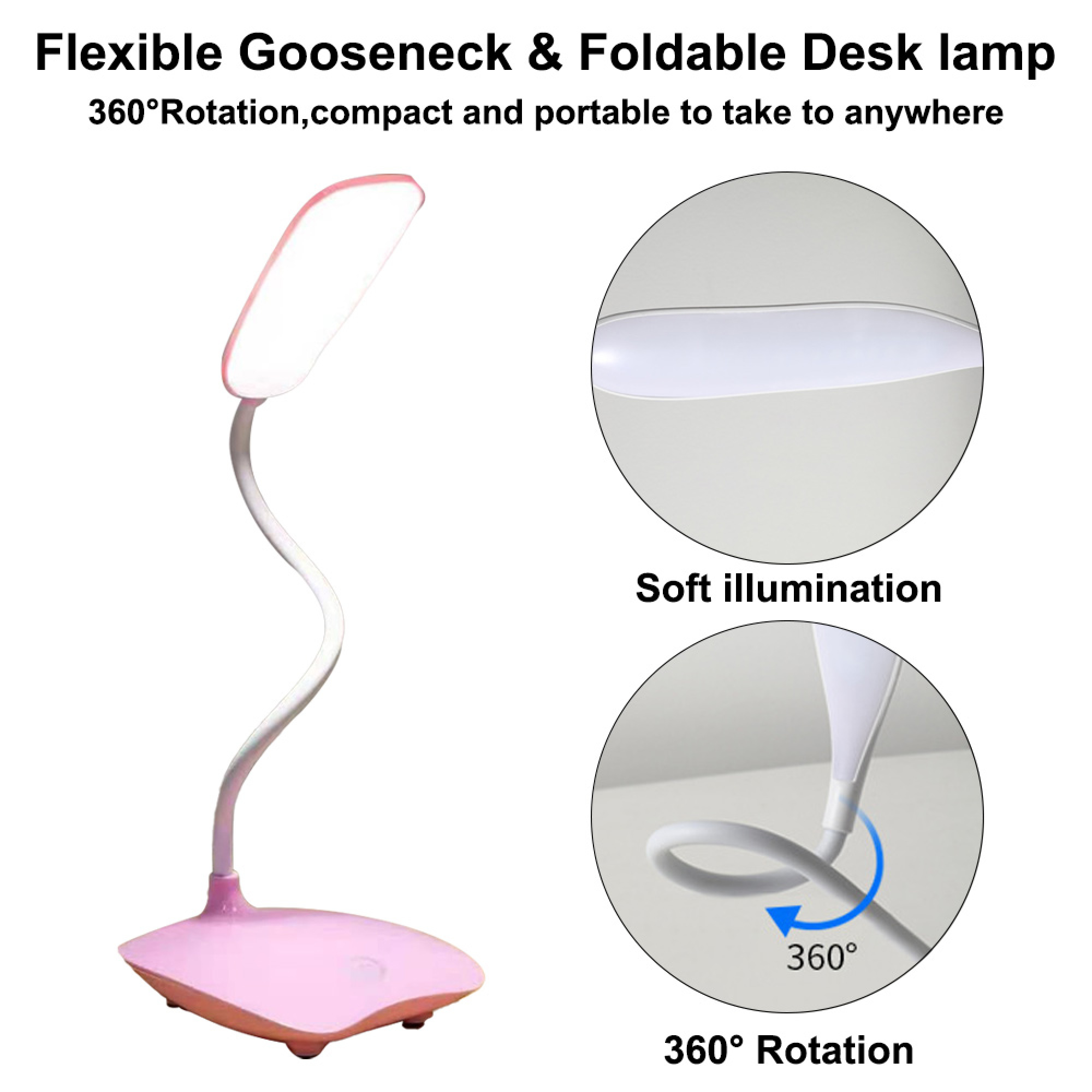 Eine rosa Schreibtischlampe mit flexiblem Schwanenhals und weicher Beleuchtung.
