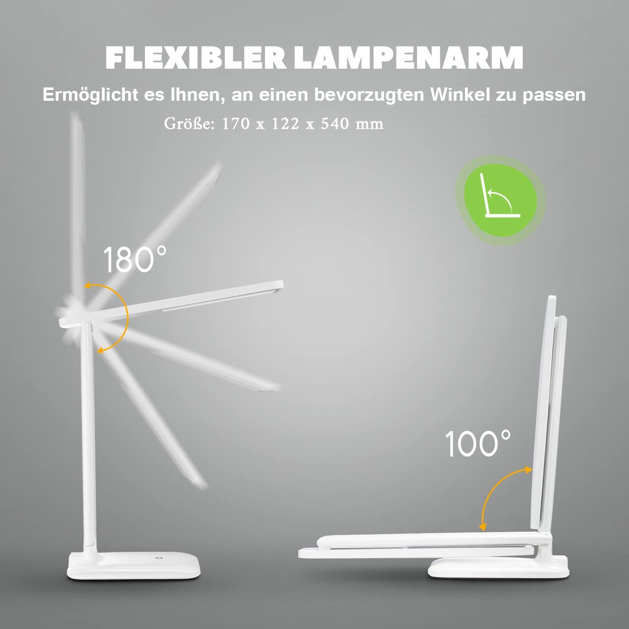 Ein weißer Schreibtischarm, der sich um 180° und 100° drehen lässt.