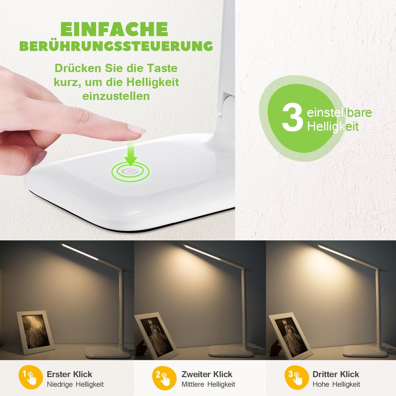 Ein Finger tippt auf ein Touchpad, daneben drei Helligkeitsstufen.