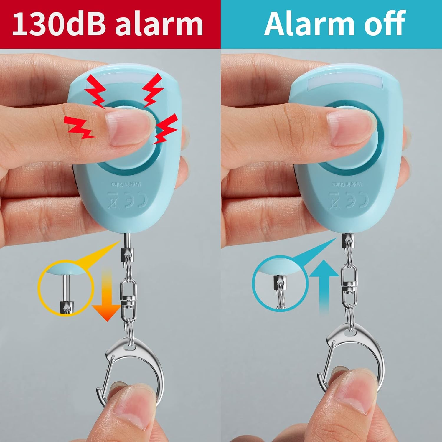 Blauer Alarm-Schlüsselanhänger: links aktiviert (Blitz), rechts deaktiviert (Pfeil).
