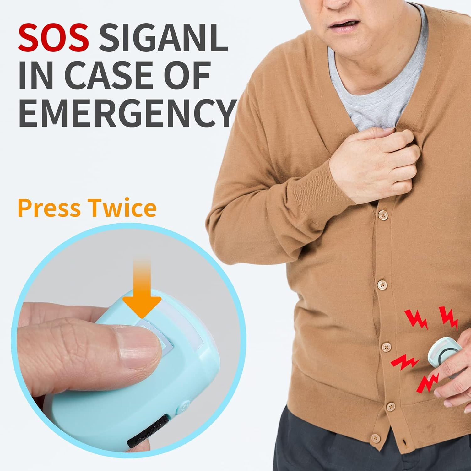 Mann drückt SOS-Knopf, um Hilfe zu rufen. Text: SOS-Signal im Notfall.