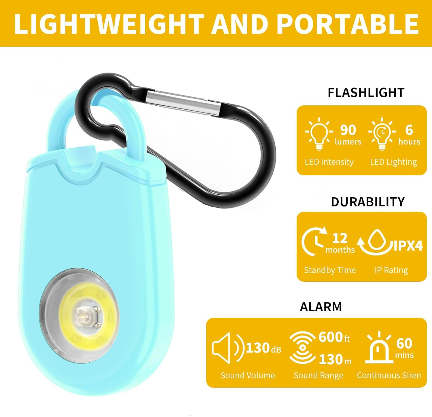 Hellblaue tragbare Alarm-Sirene mit Karabinerhaken, 90 Lumen, 6 Std., 12 Mon. Standby, IPX4.
