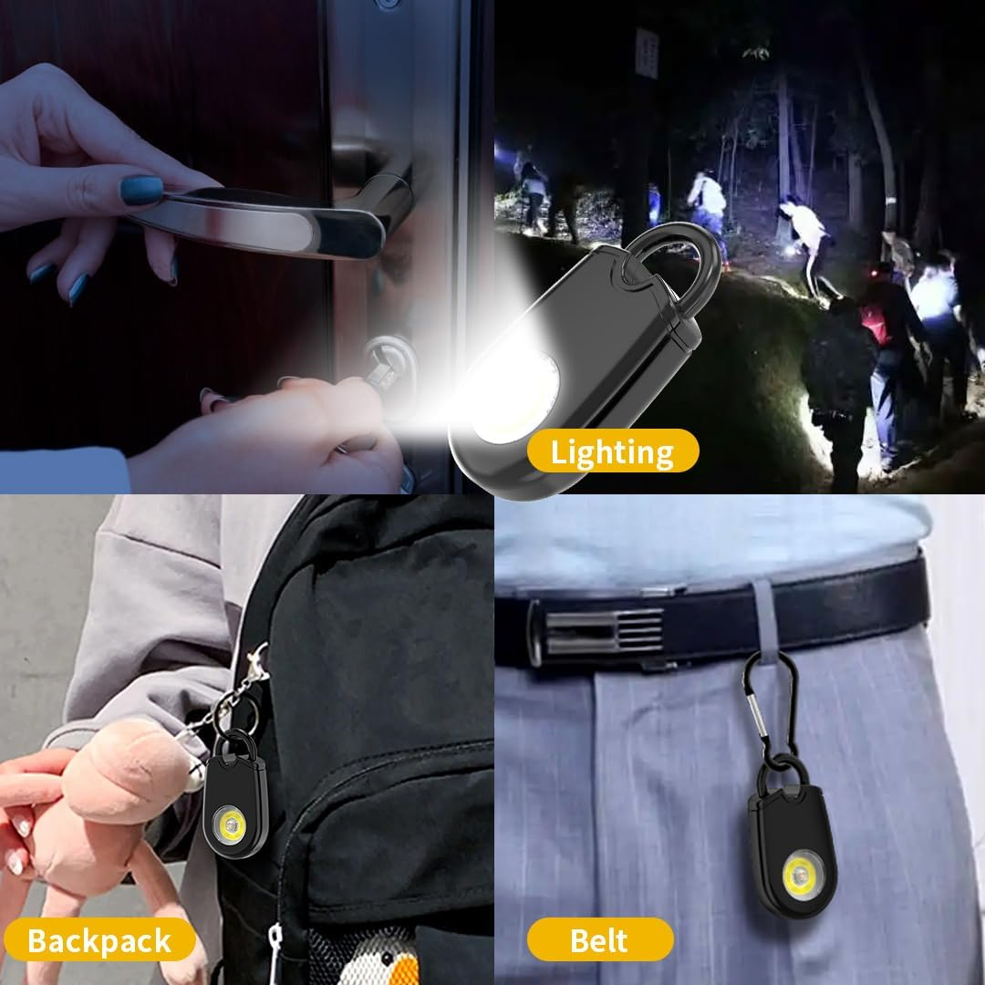 Vier Bilder zeigen einen Schlüsselanhänger mit Licht: Schlüssel ins Schloss, Beleuchtung, am Rucksack, am Gürtel.