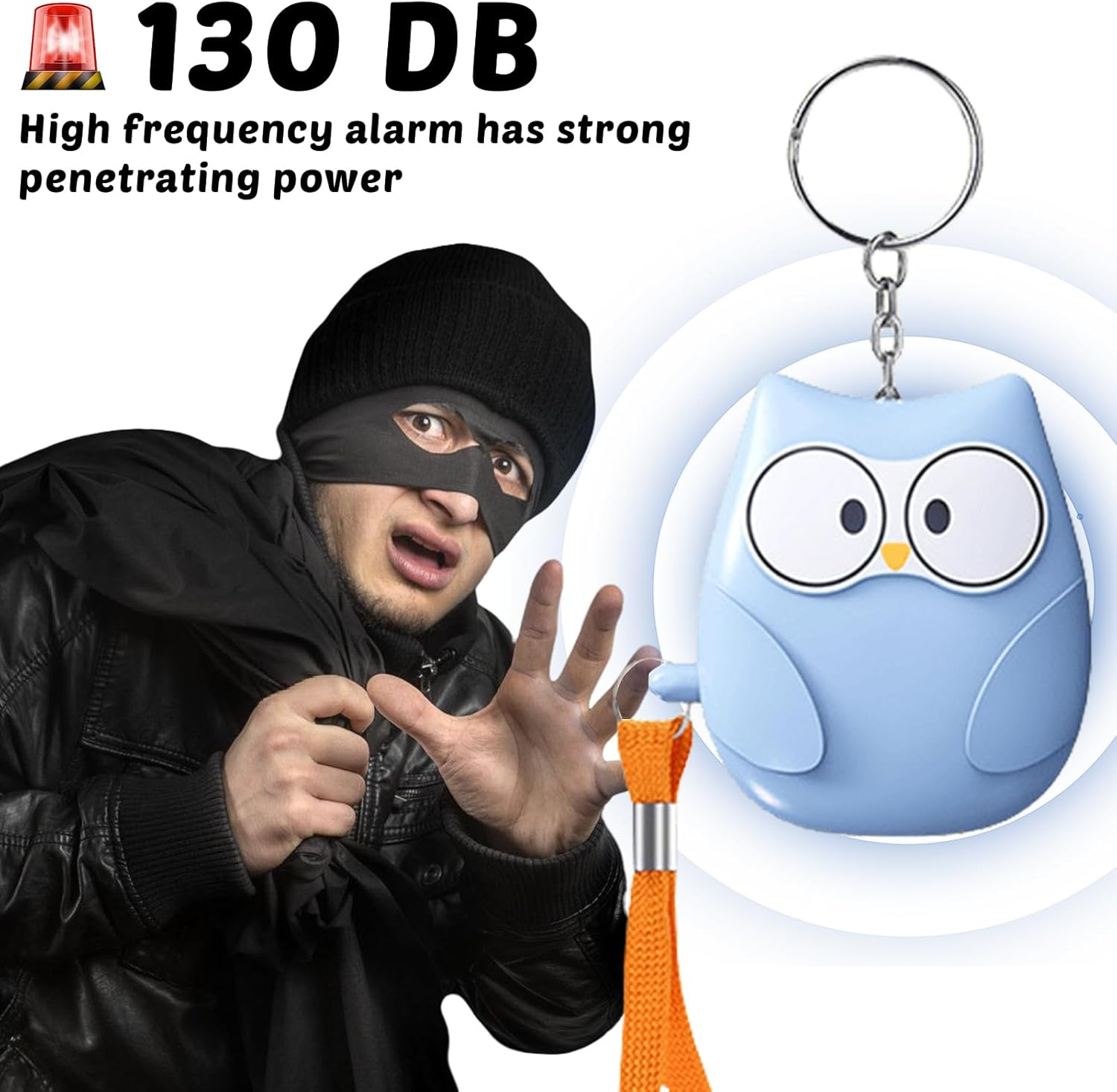 Ein Dieb mit schwarzer Maske und Mütze, daneben ein blauer Eulen-Alarmanhänger.