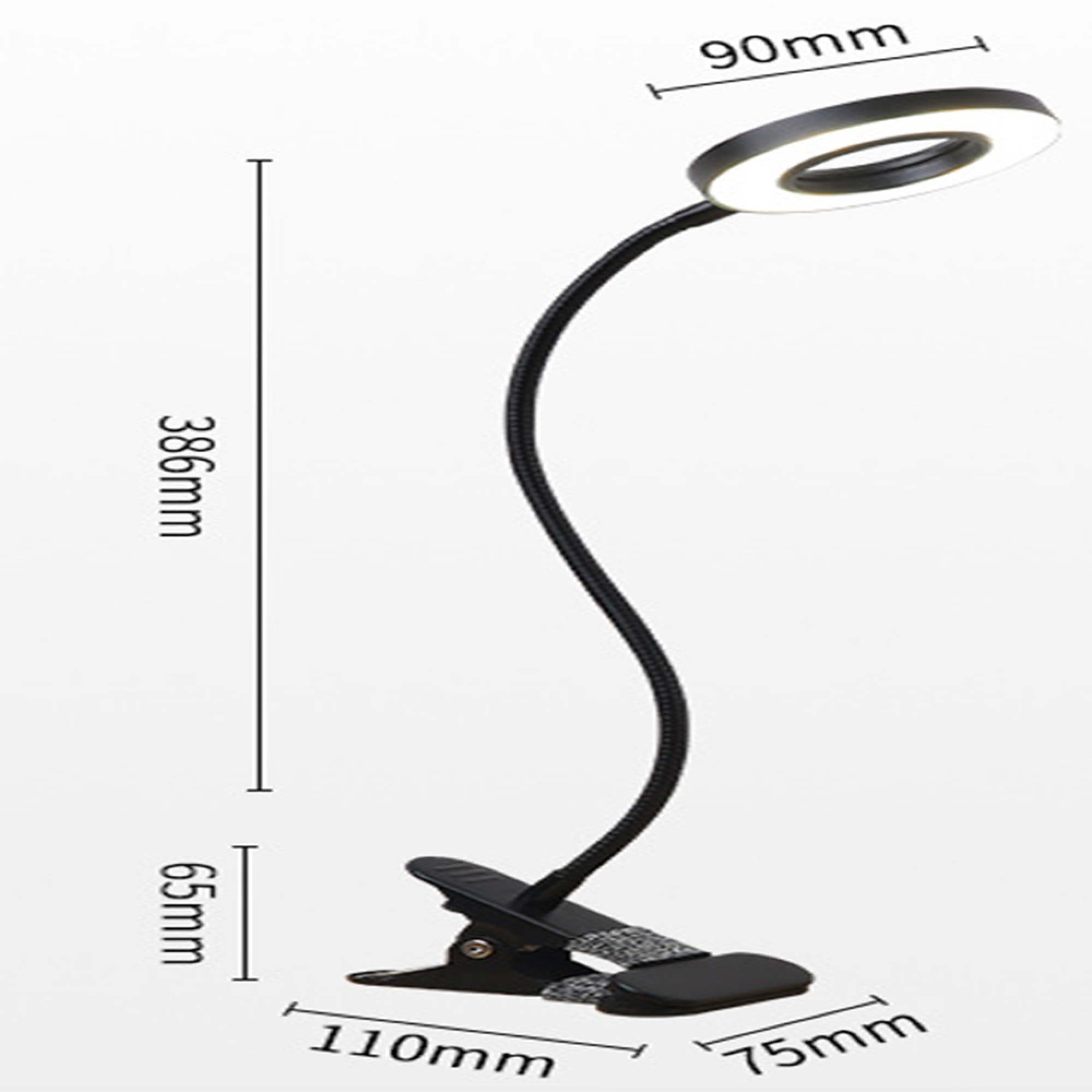 Eine schwarze Schreibtischlampe mit flexiblen Hals und Klemme.