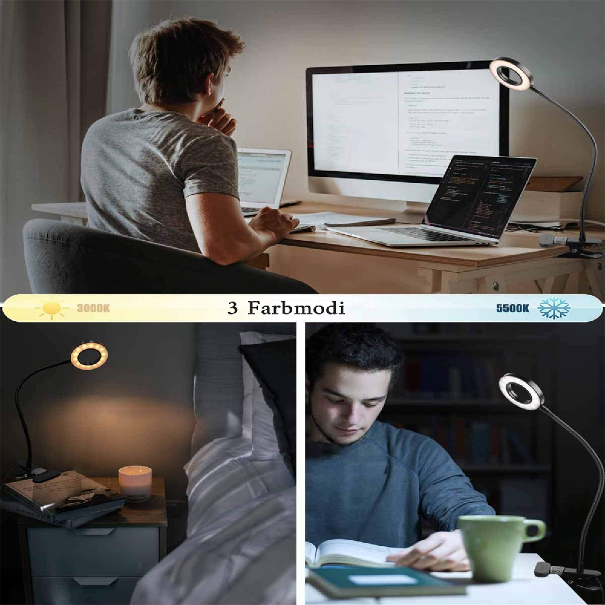 Mann am Schreibtisch mit Laptop und Monitor. Nachttisch mit Lampe. Mann liest Buch.