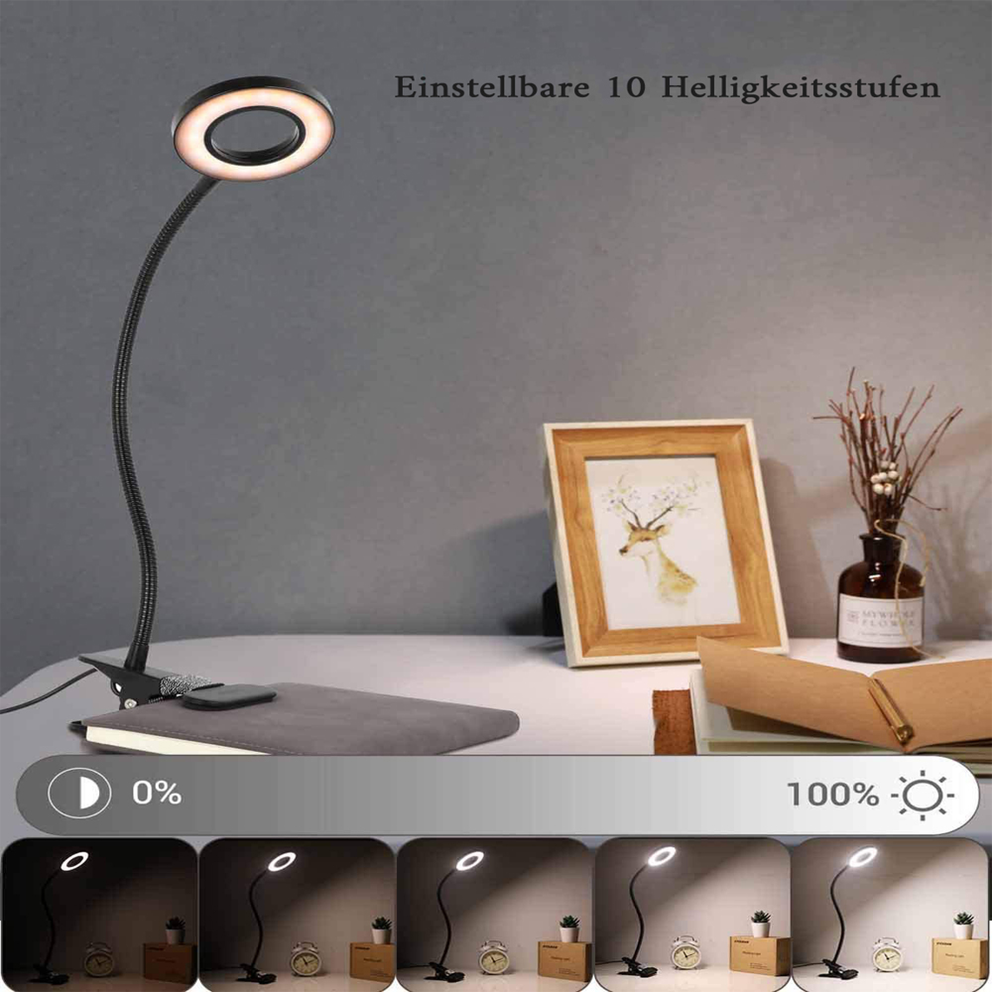 Ein flexibler Ringlicht-Schreibtischlampe mit Klemmfuß, verstellbarer Helligkeit.