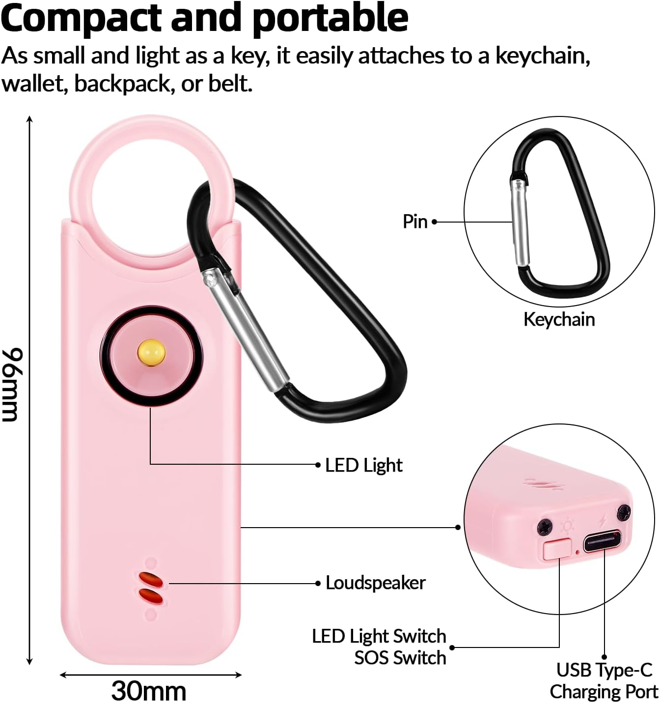 Ein rosa, kompaktes Gerät mit Schlüsselbund, LED, Lautsprecher und USB-C-Anschluss.