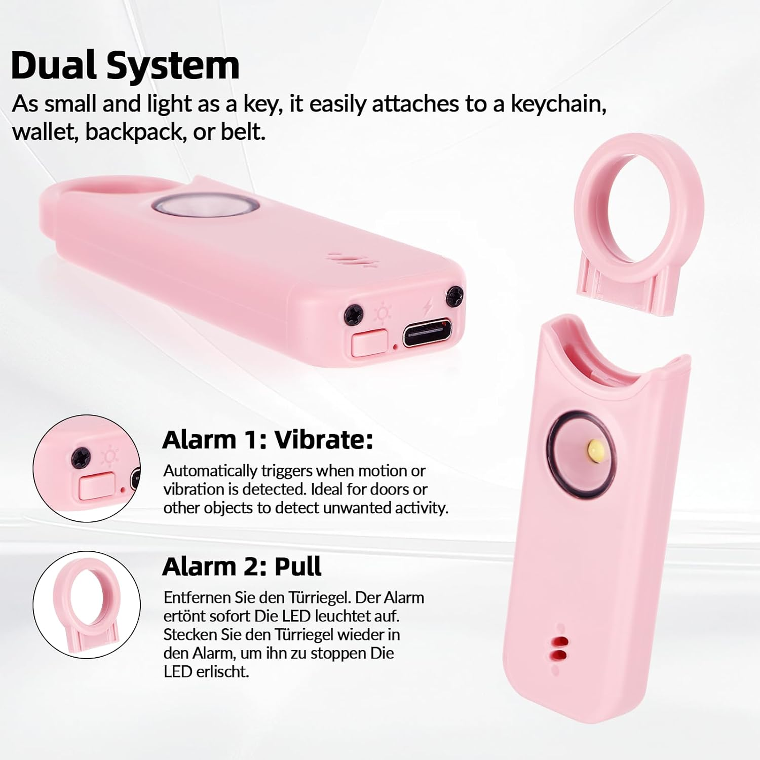 Ein kleiner, rosa Alarm mit Befestigung und Riegel. Er hat zwei Alarmmodi.