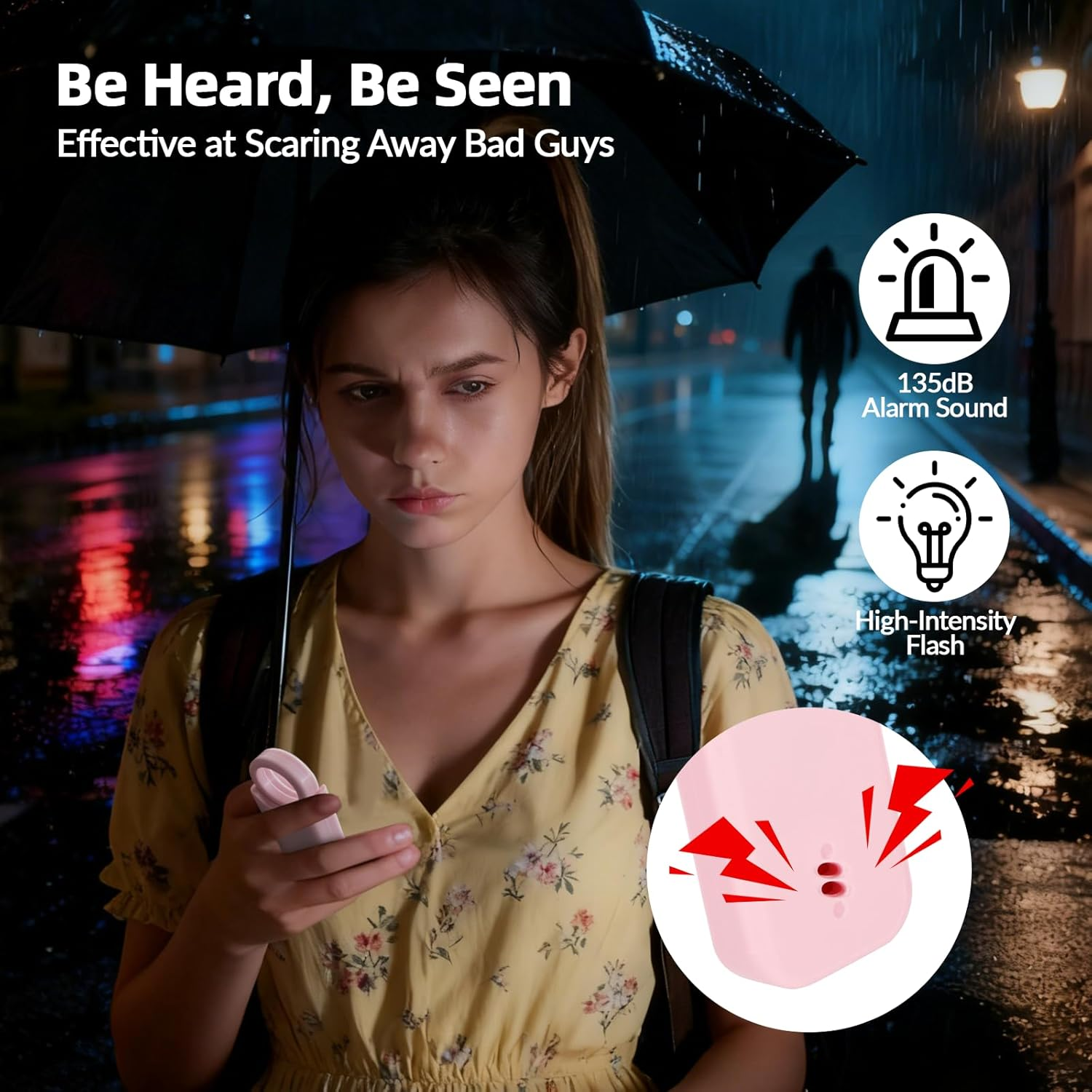Frau im Regen mit Regenschirm, hält ein Gerät. Alarm- und Blitzsymbole.