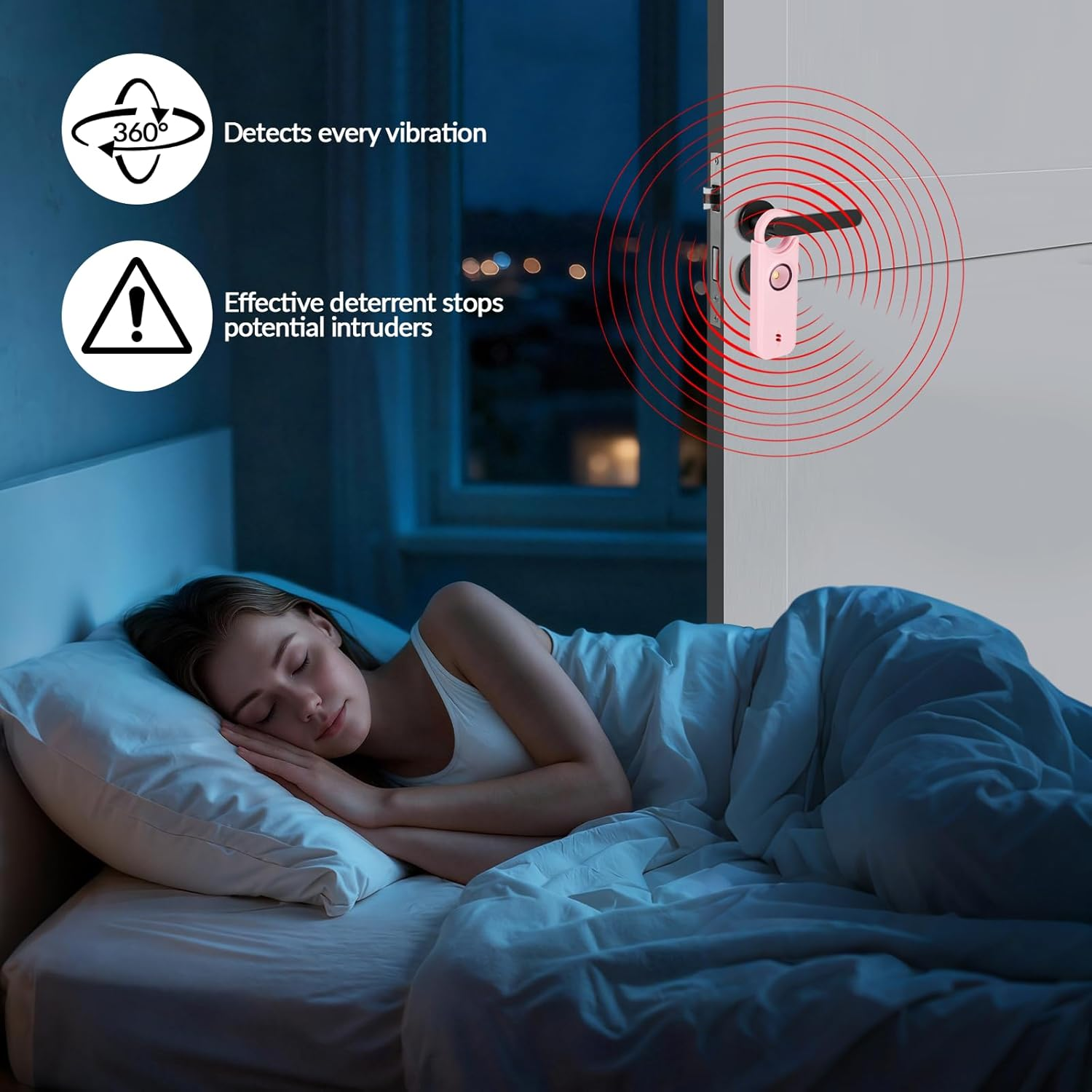 Frau schläft, rosa Türalarm an Tür, 360 Vibrationserkennungs-Symbol.