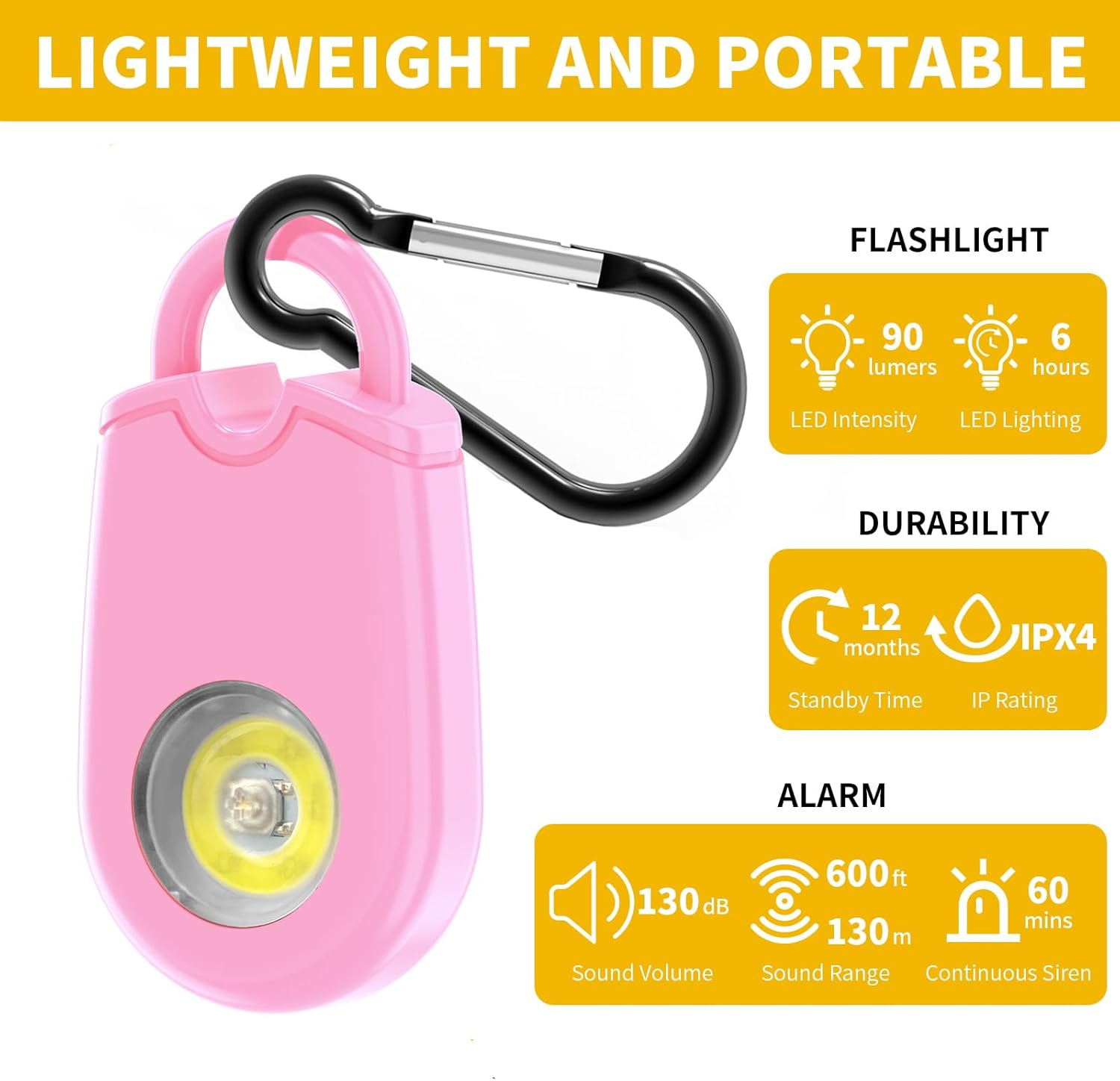 Ein pinker Alarmanhänger mit Karabiner und technischen Details wie Lichtleistung.