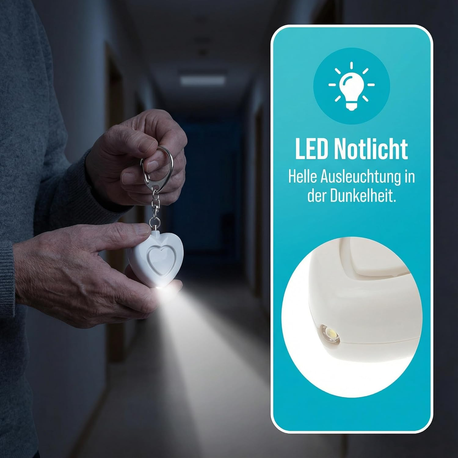 Ein Herz-Anhänger mit LED-Licht beleuchtet einen dunklen Flur.