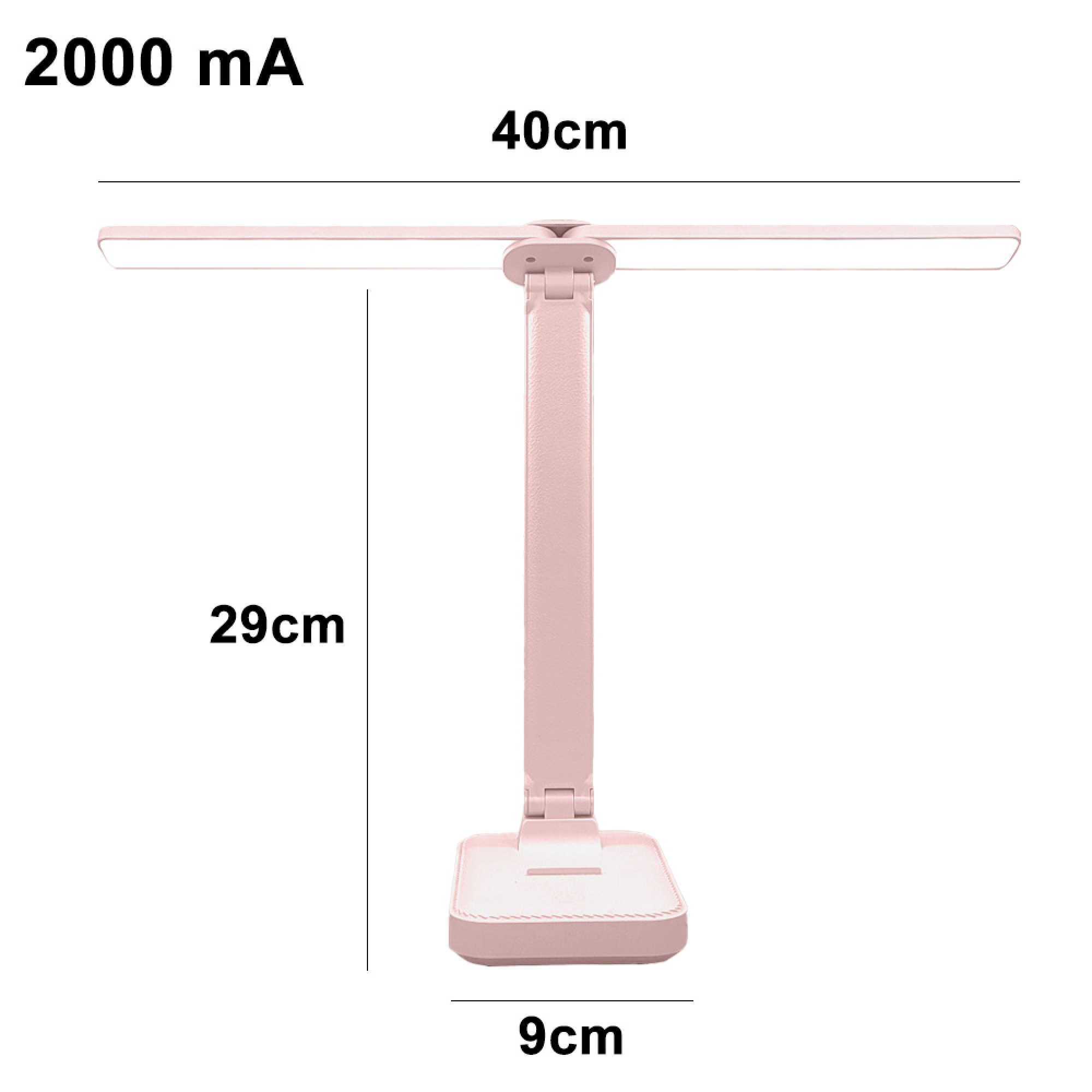 Eine rosafarbene Schreibtischlampe mit LED-Leiste, 40cm breit, 29cm hoch, 9cm Basis.