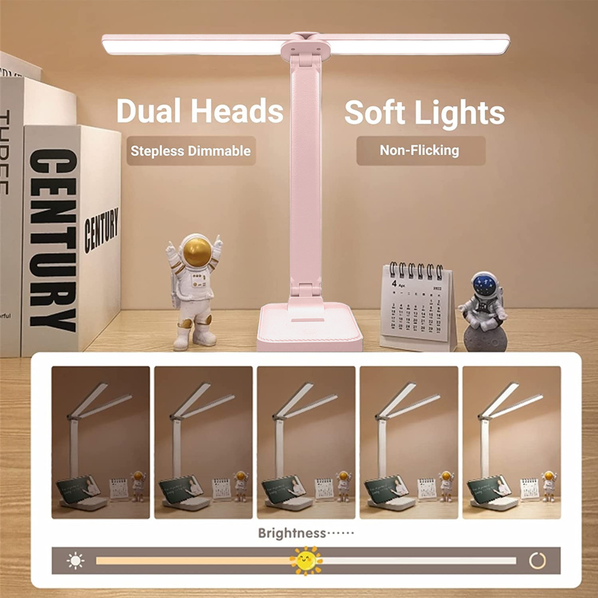 Eine rosa Schreibtischlampe mit zwei Köpfen und Astronautenfiguren.