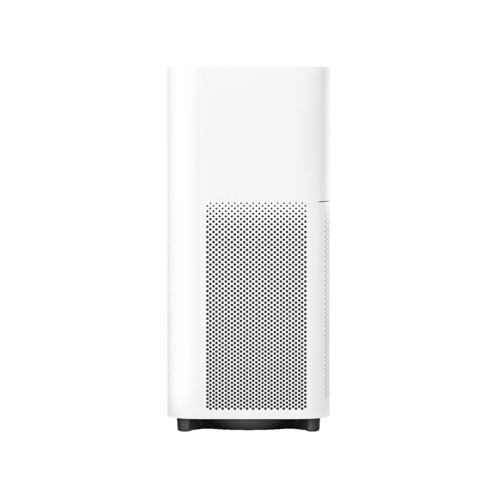 Un purificatore d'aria bianco si erge su base nera su sfondo bianco.