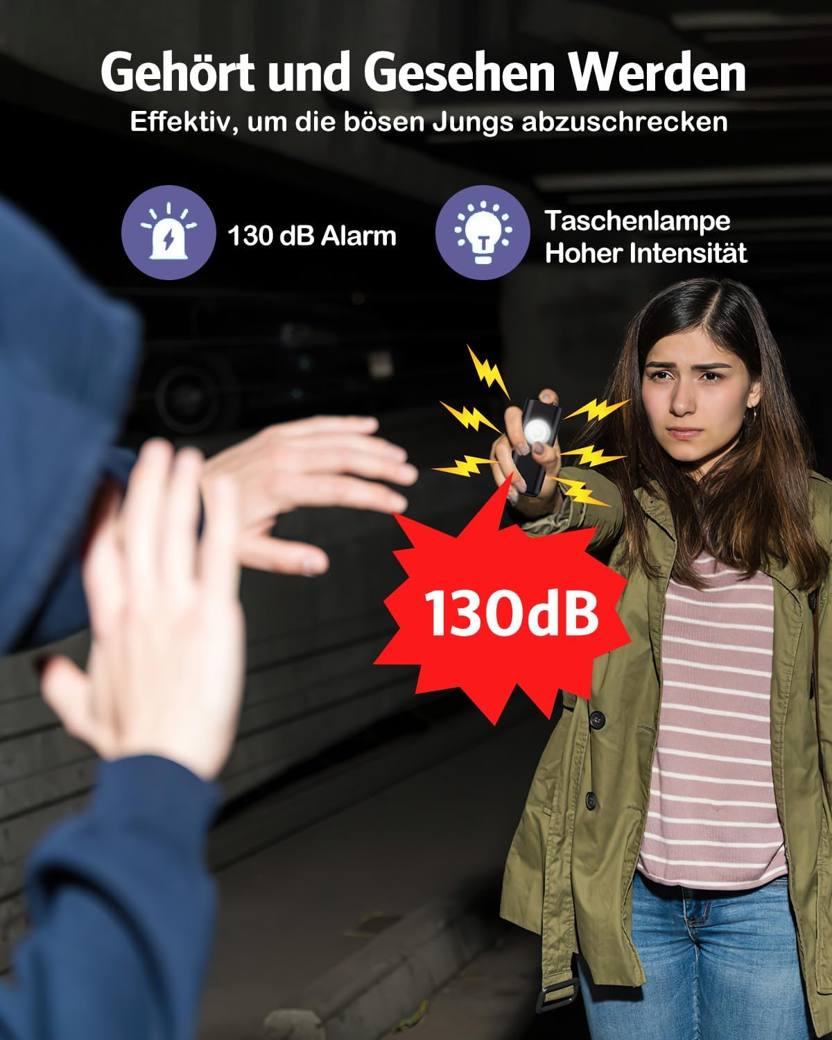 Frau mit Taschenlampe und Alarm schreckt Angreifer ab.