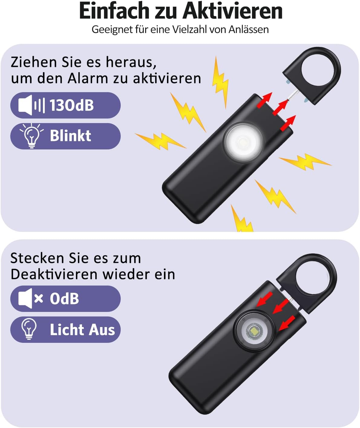 Schwarzer Alarm-Schlüsselanhänger. Oben: Aktivierung durch Ziehen, 130dB, Blinklicht. Unten: Deaktivierung durch Einstecken, 0dB, Licht aus.