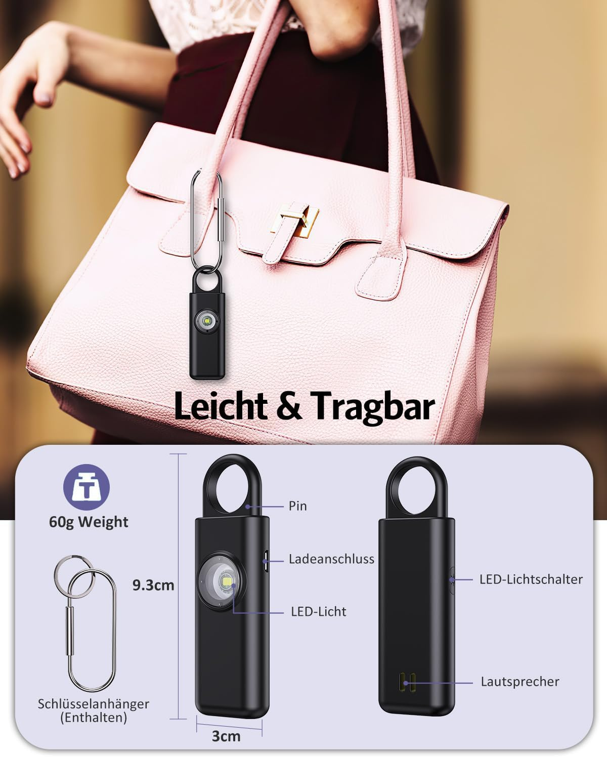 Schwarzer Sicherheitsalarm mit LED und Schlüsselanhänger an rosa Tasche.
