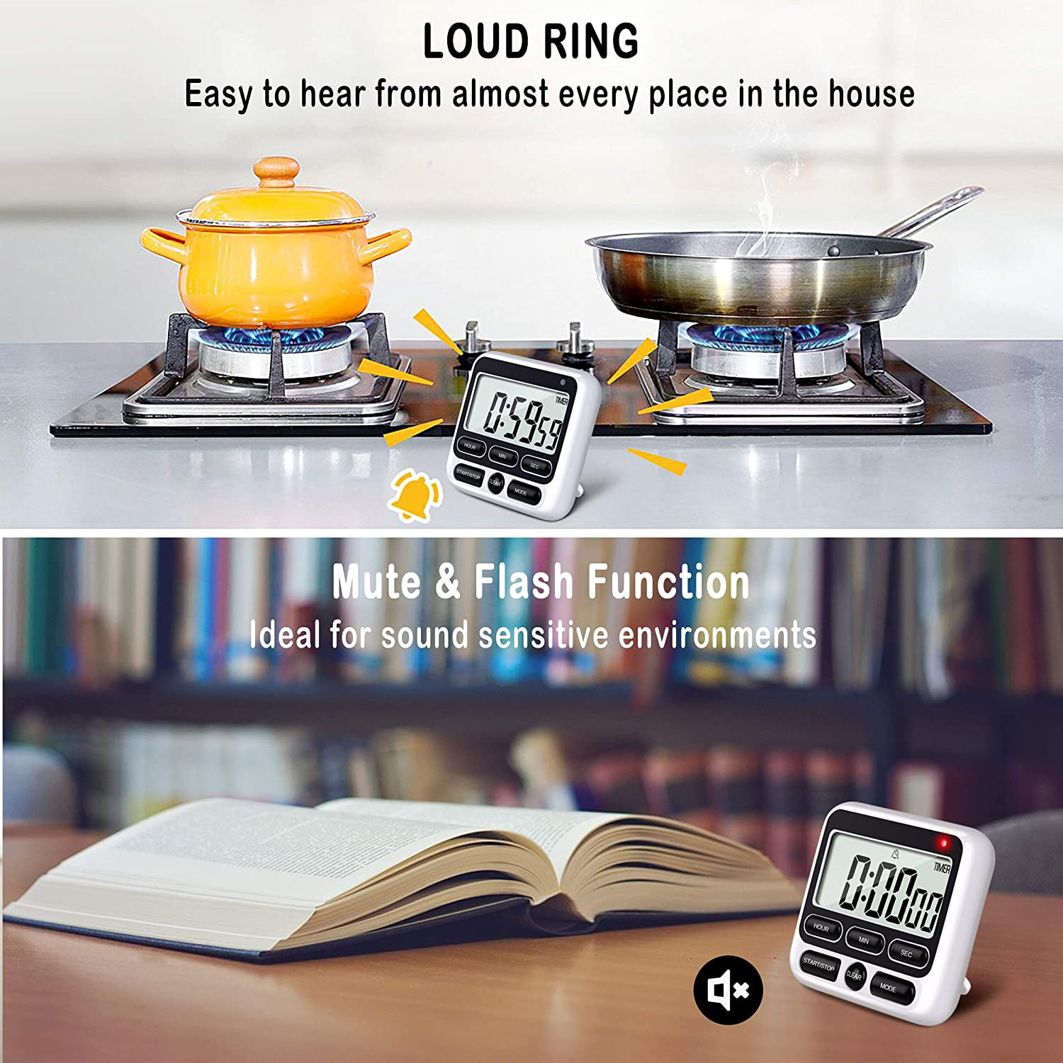 Zwei Küchenszenen: Kochen auf dem Herd mit Timer, offenes Buch mit Timer.