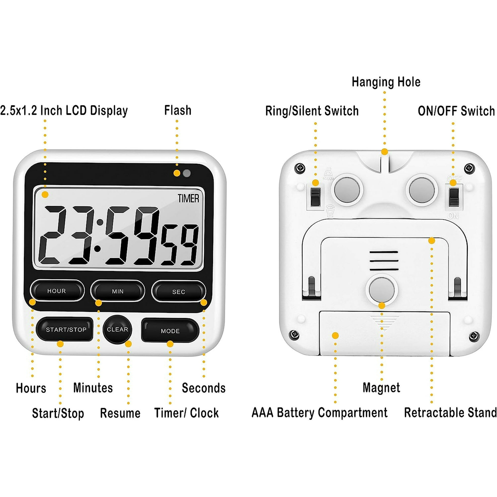 Digitale Küchenuhr mit LCD-Display, Tasten und Rückseite mit Magnet.