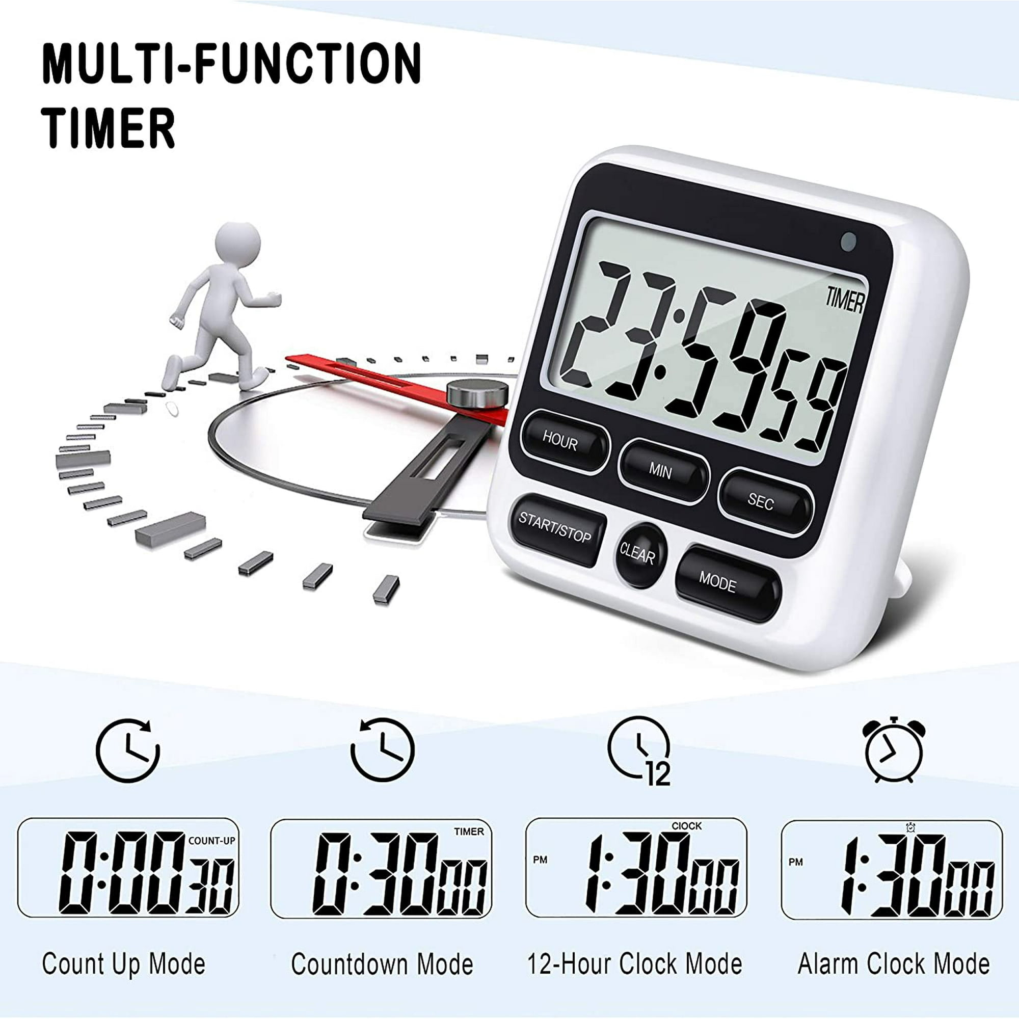 Ein weißer Timer mit digitaler Anzeige, der verschiedene Modi zeigt.