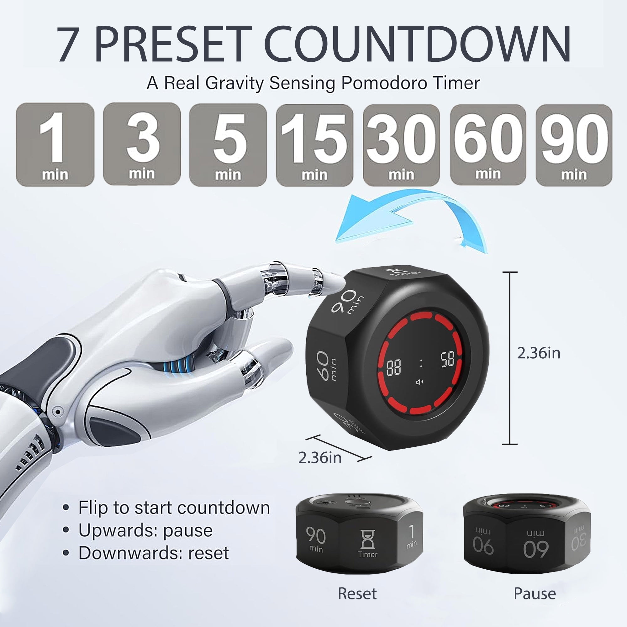 Ein Roboterfinger berührt einen schwarzen digitalen Timer mit 7 Voreinstellungen.