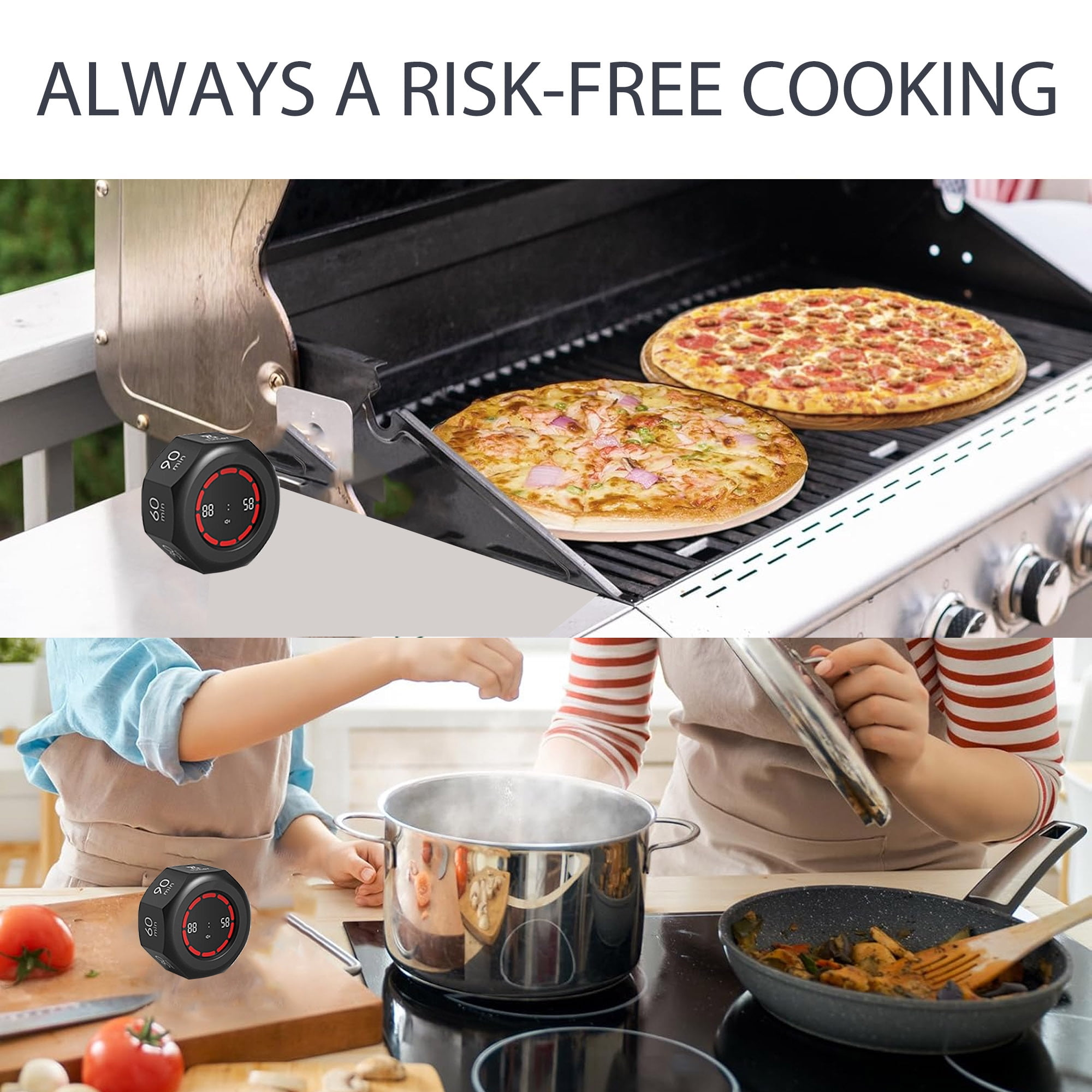 Ein digitaler Timer liegt neben zwei Pizzen auf einem Grill und auf einem Herd.