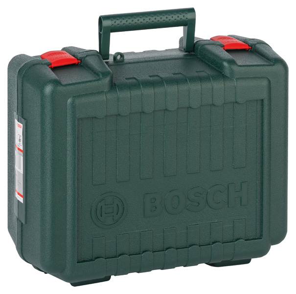 Dunkelgrüner Bosch-Werkzeugkasten mit rotem Verschluss und Griff.