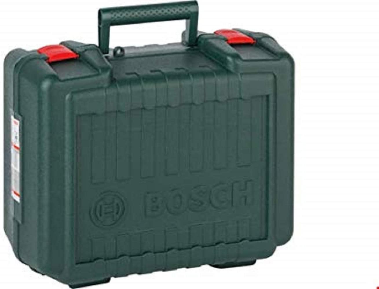 Eine dunkelgrüne Bosch-Werkzeugkiste mit schwarzem Griff und roten Riegeln.