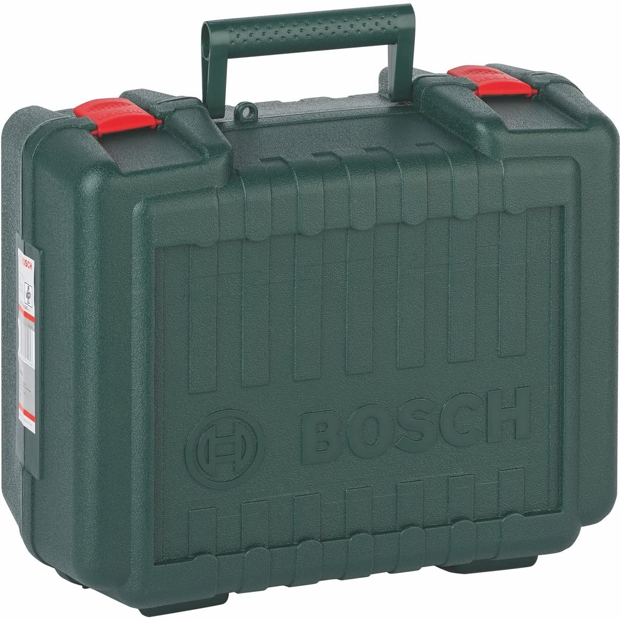 Dunkelgrüner Bosch-Werkzeugkasten mit rotem Verschluss und Griff.
