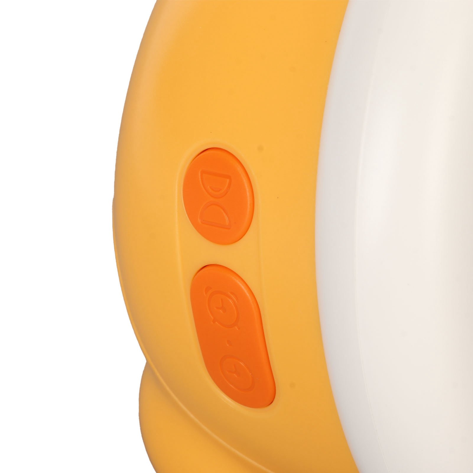 Orangefarbenes Gerät mit zwei orangefarbenen Tasten, eine mit 