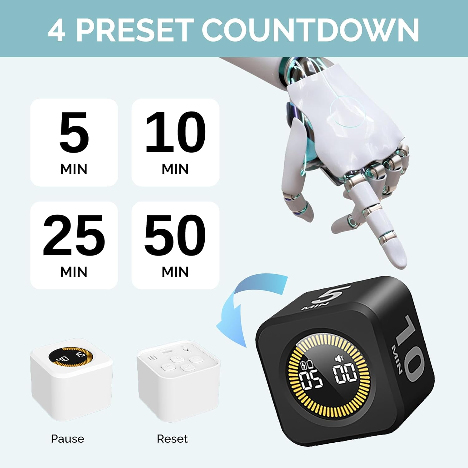 Ein Roboterfinger zeigt auf einen schwarzen Timer mit 5 Min. Die Anzeige zeigt 05:00.