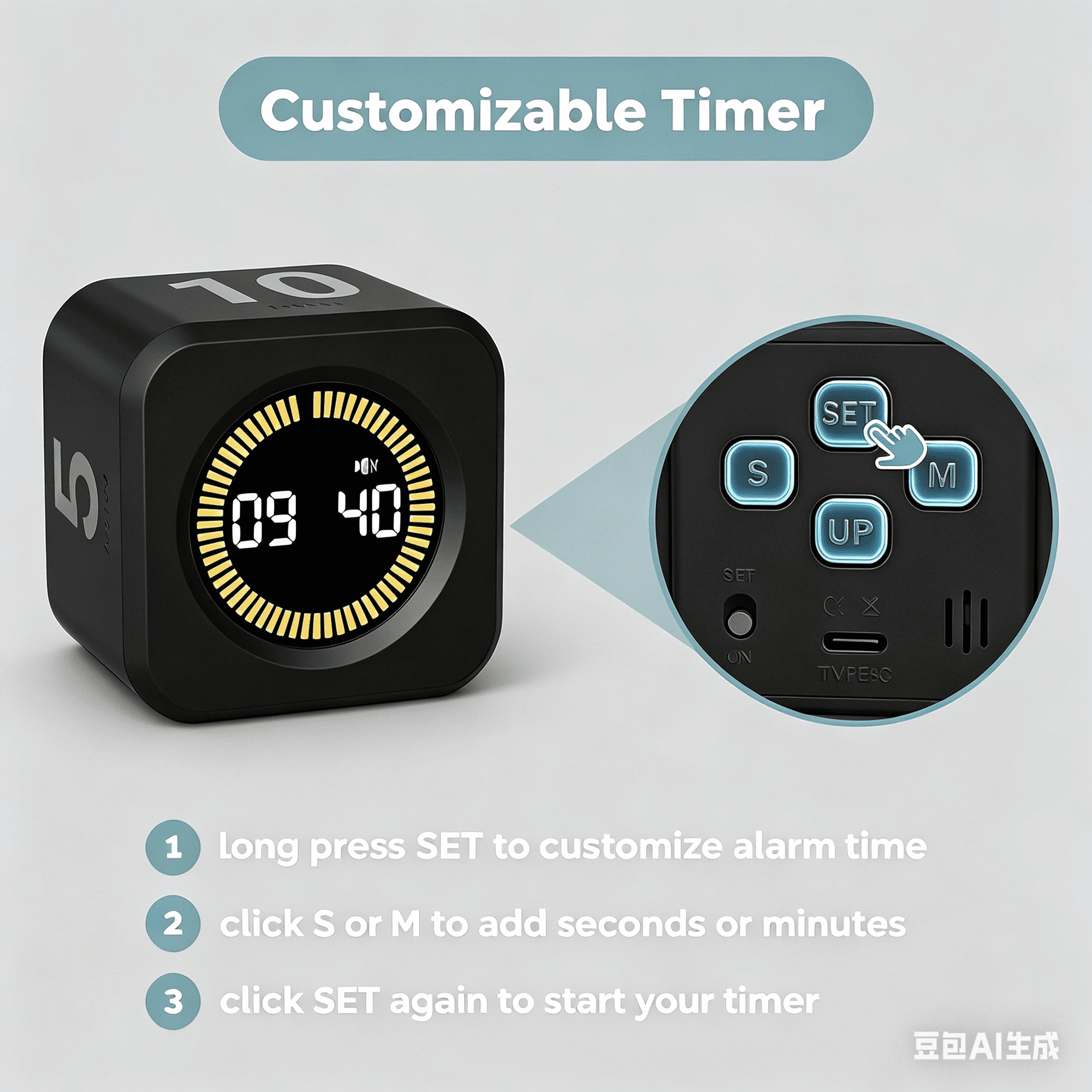Schwarzer Würfel-Timer mit Digitalanzeige (09:40) und Tasten S, M, UP, SET.