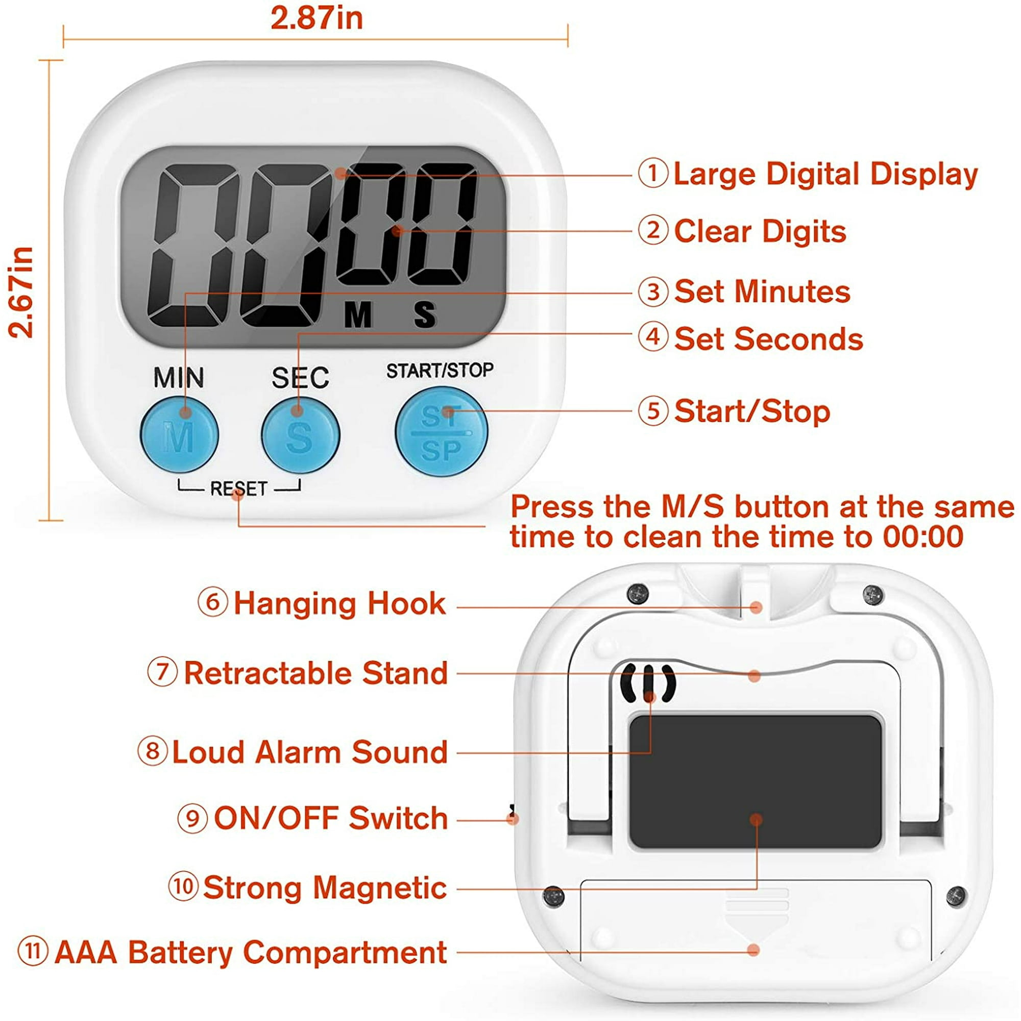 Weißer digitaler Küchentimer. Vorderseite zeigt Display & Tasten. Rückseite zeigt Ständer & Batterie.