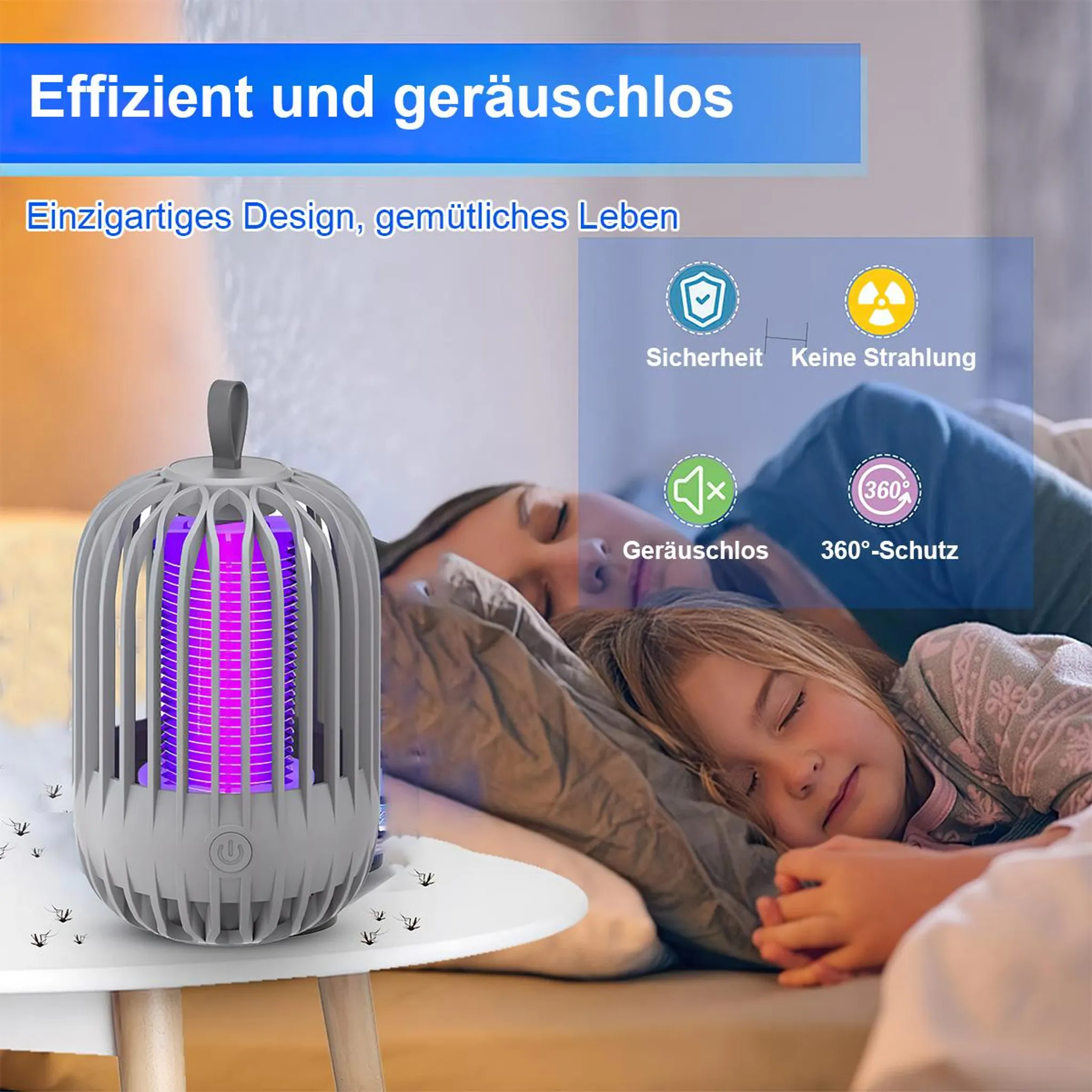 Ein grauer Moskito-Killer mit violetter UV-Lampe schützt zwei schlafende Personen.