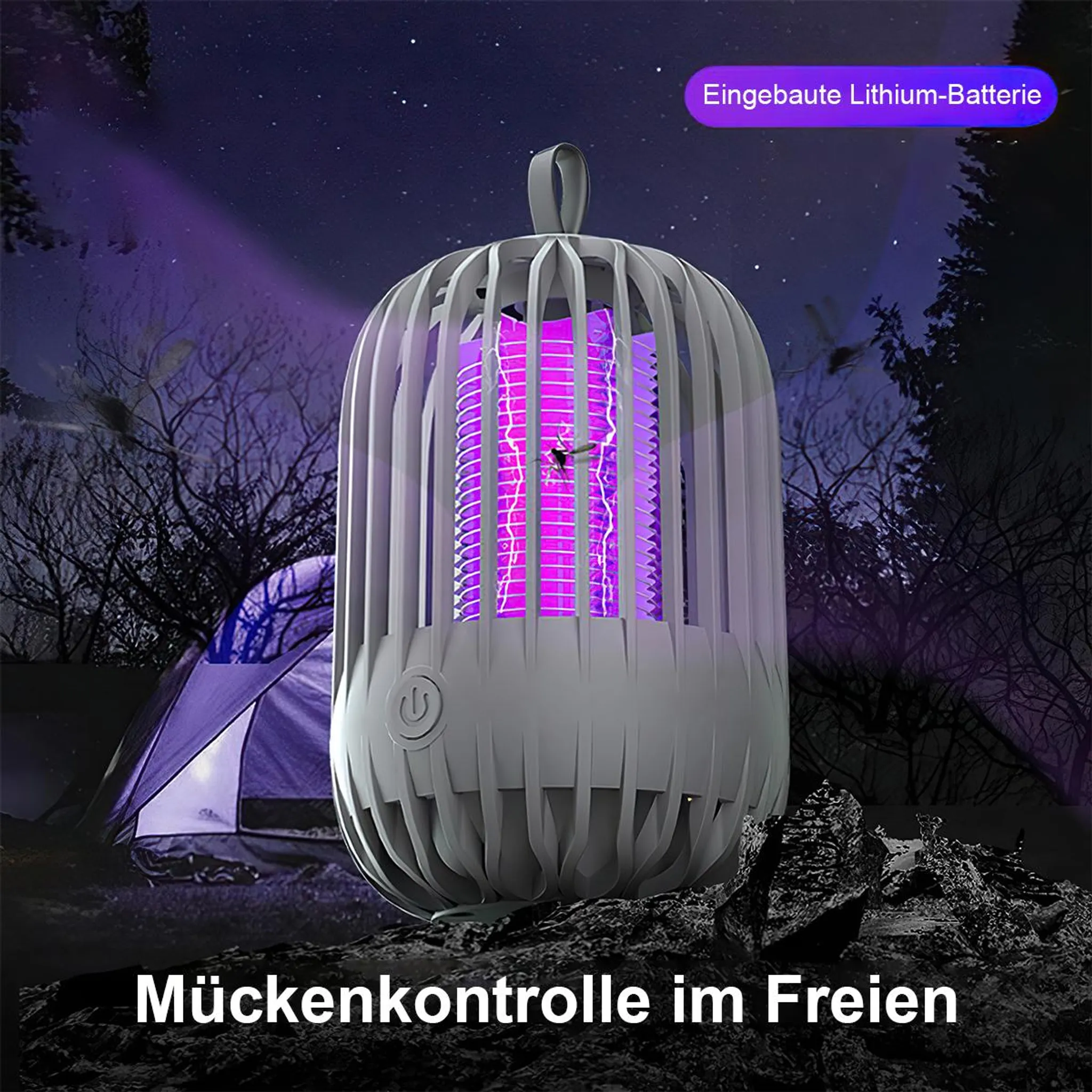 Ein Moskito-Abwehrgerät mit lila Licht steht neben einem Zelt im Freien.