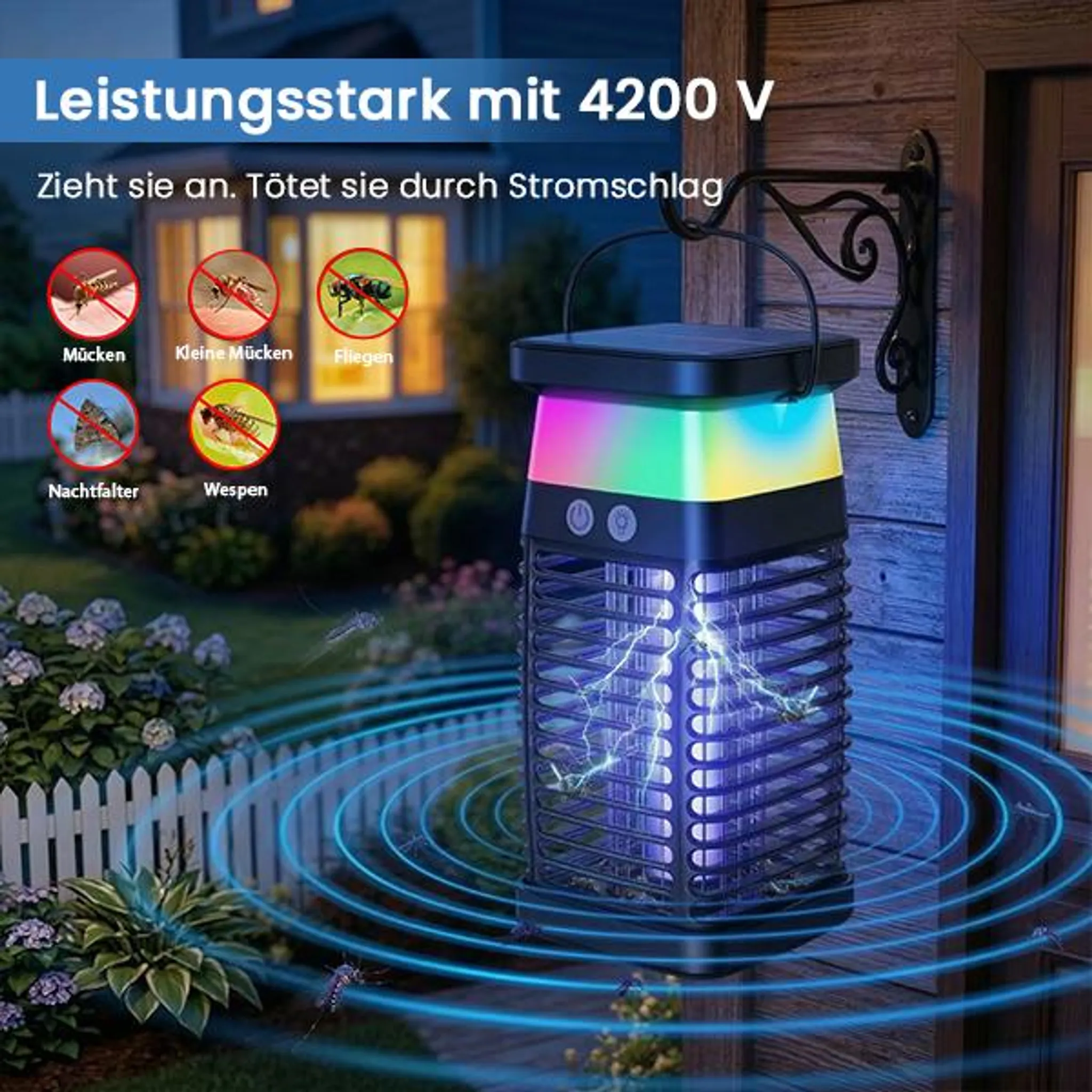 Ein elektrischer Insektenvernichter mit bunten Lichtern lockt Insekten an und tötet sie.