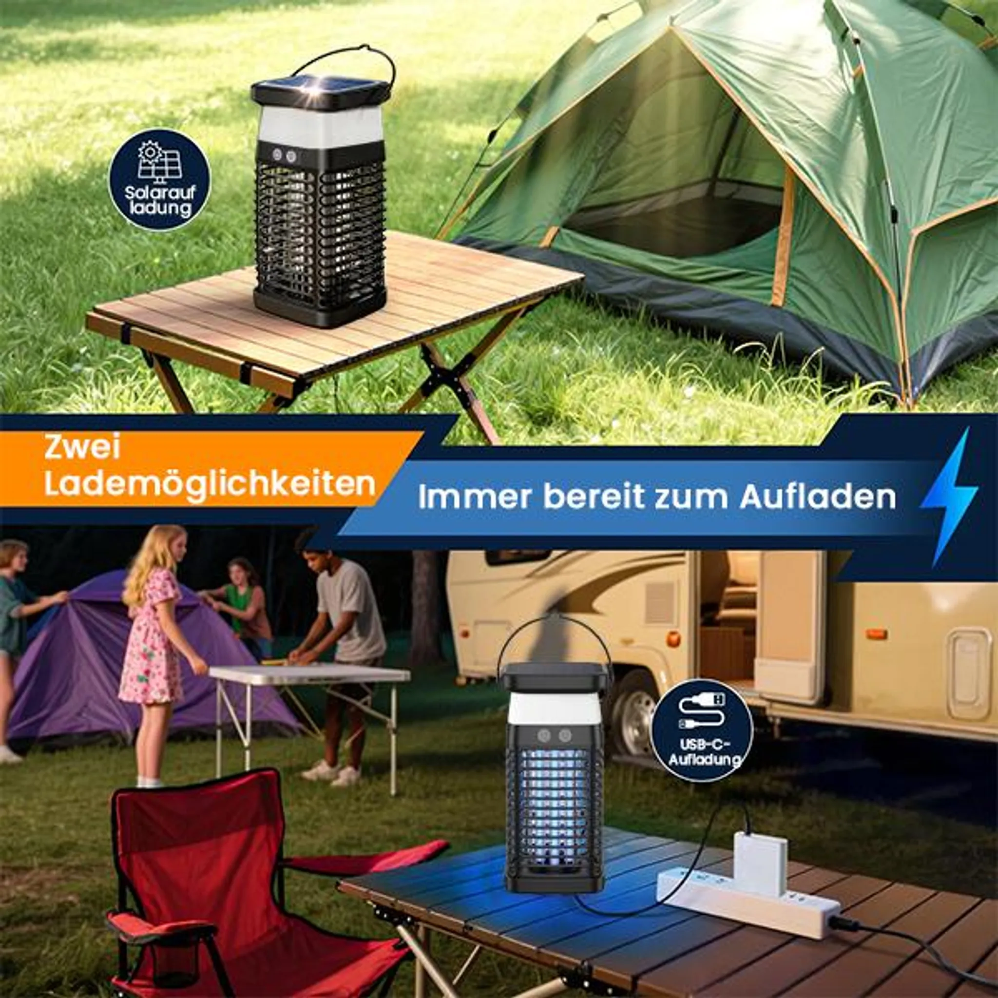 Campingplatz mit Zelten, Wohnmobil und Ladegeräten für Insektenvernichter.