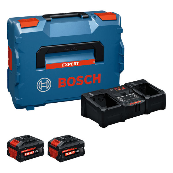 Blaue Bosch-Box, schwarzes Doppelladegerät und zwei rot-schwarze 18V Expert-Akkus.