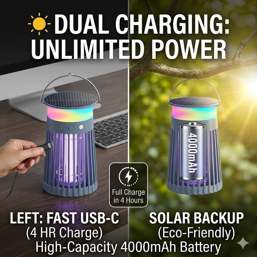 Ein Gerät mit zwei Lademethoden: USB-C und Solar. Es hat eine 4000mAh Batterie.