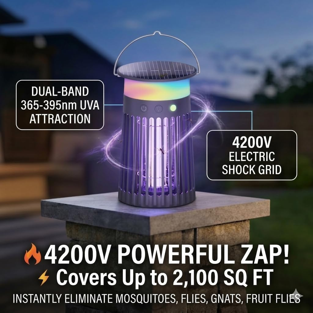 Ein lila Insektenvernichter mit Solarpanel, der Mücken mit UV-Licht anzieht und tötet.