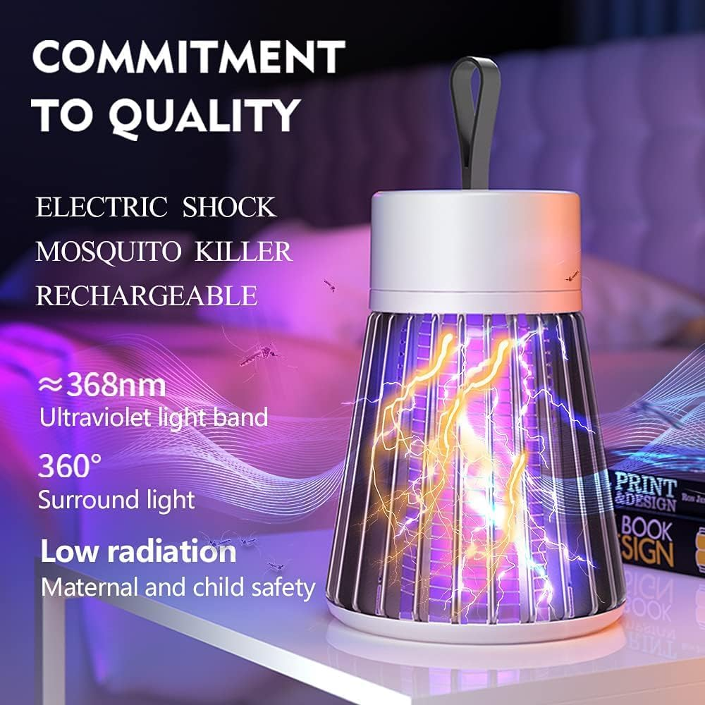 Elektrischer Mückenvernichter mit UV-Licht, zeigt Blitze und Text über Qualität.