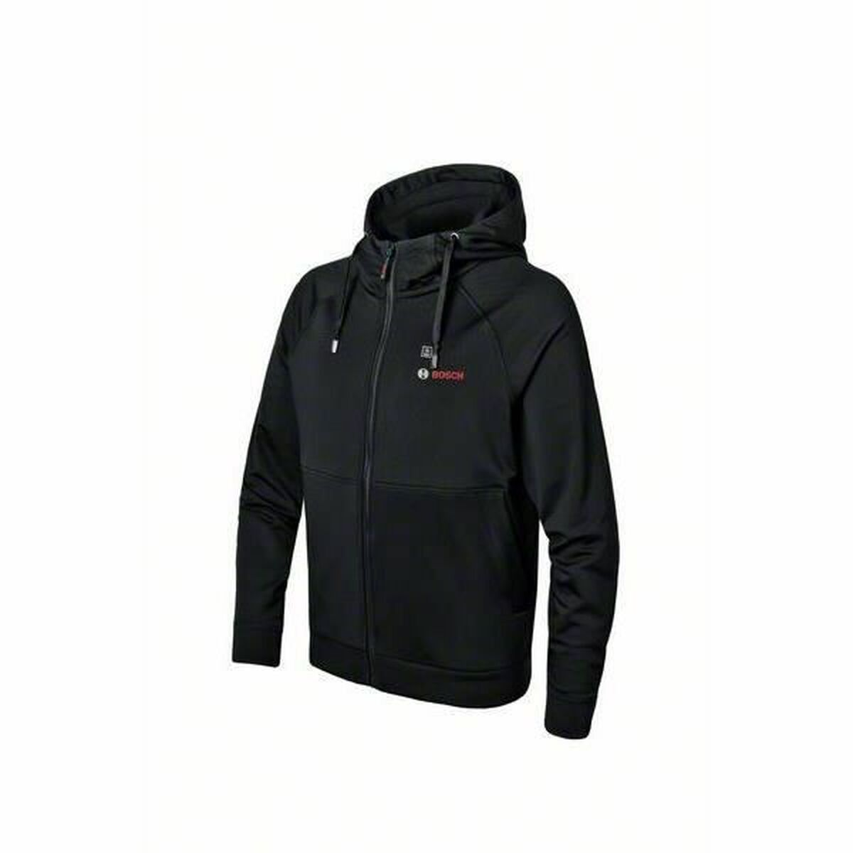 Schwarze Kapuzenjacke mit Reißverschluss und Bosch-Logo auf der Brust.