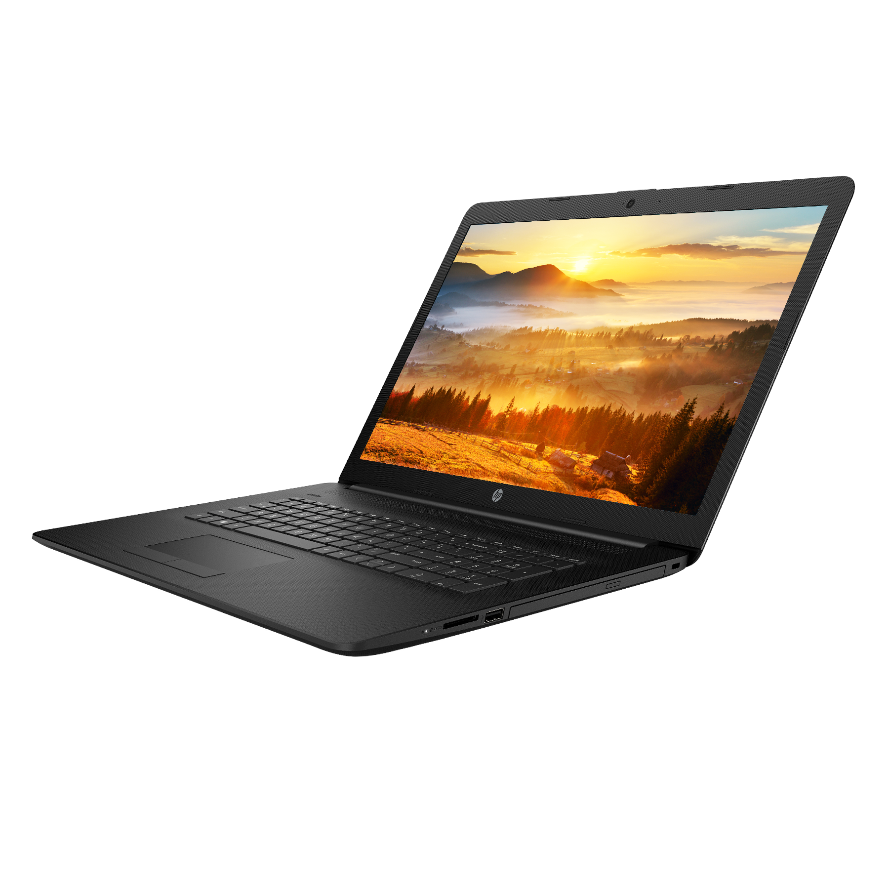 Schwarzer Laptop mit Berglandschaft auf dem Bildschirm bei Sonnenuntergang.