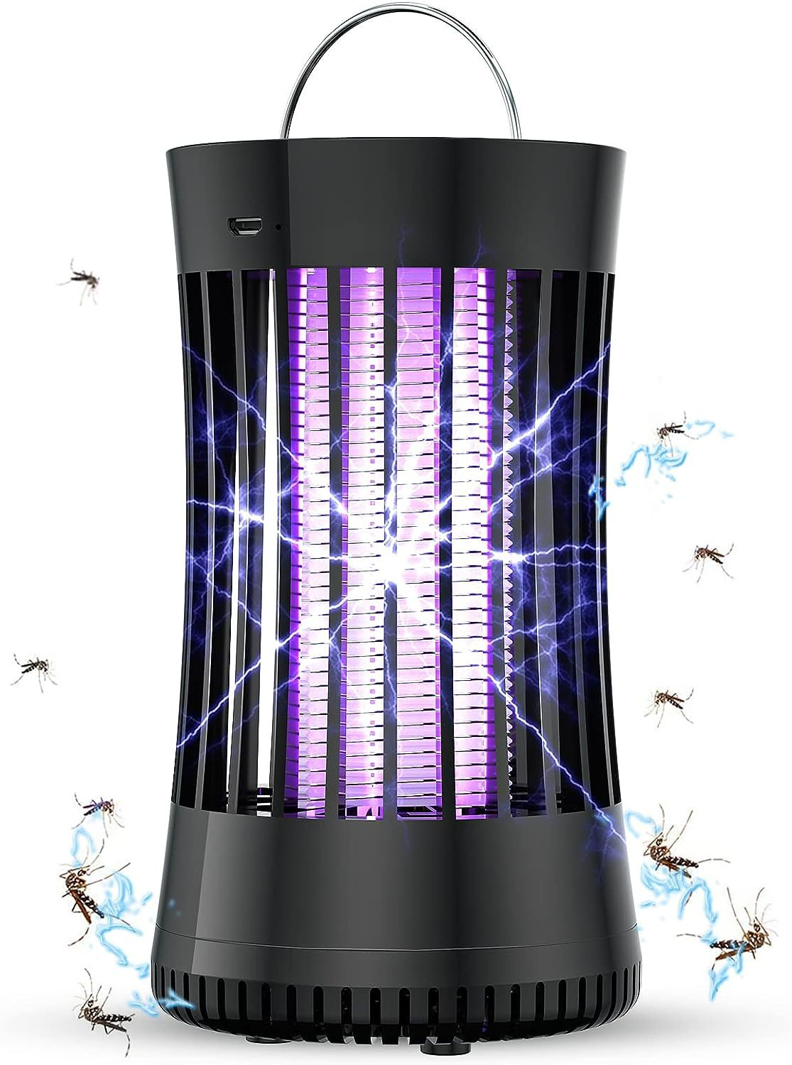 Schwarzer Insektenvernichter mit lila UV-Licht und blauen Blitzen, umgeben von Mücken.
