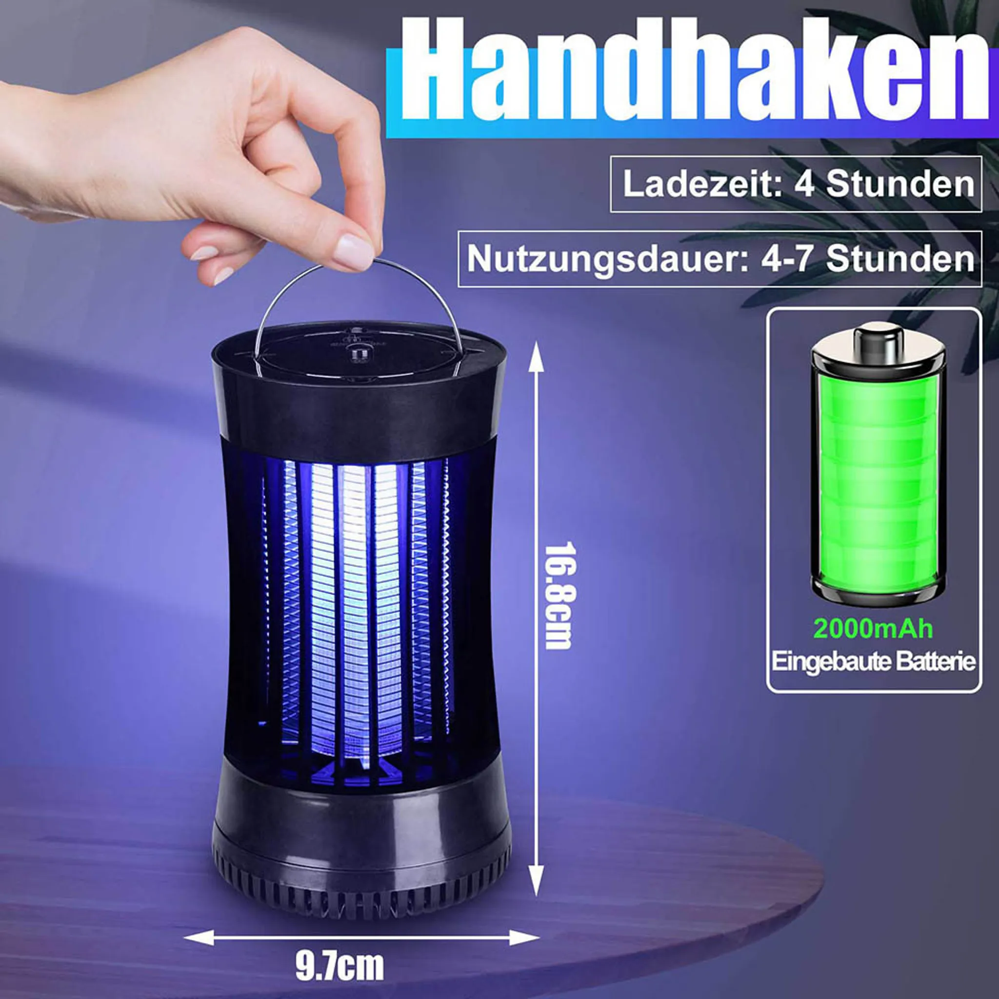 Handlampe mit blauem Licht, 16,8cm hoch, 9,7cm breit.