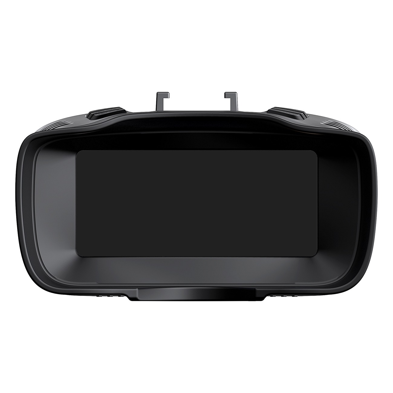 Ein schwarzes VR-Headset mit einem dunklen Bildschirm und Knöpfen oben.