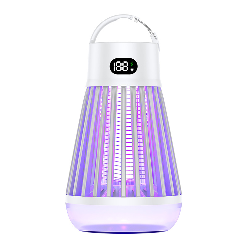 Ein weißer Insektenvernichter mit lila Licht und digitaler Anzeige.